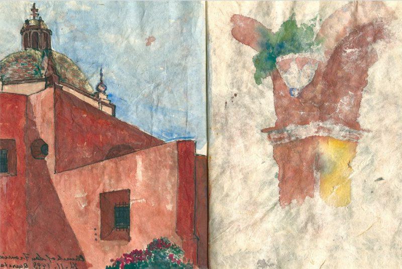 Watercolor drawing from a two-page spread of a notebook depicting an exterior coroner and arch of a stone building.