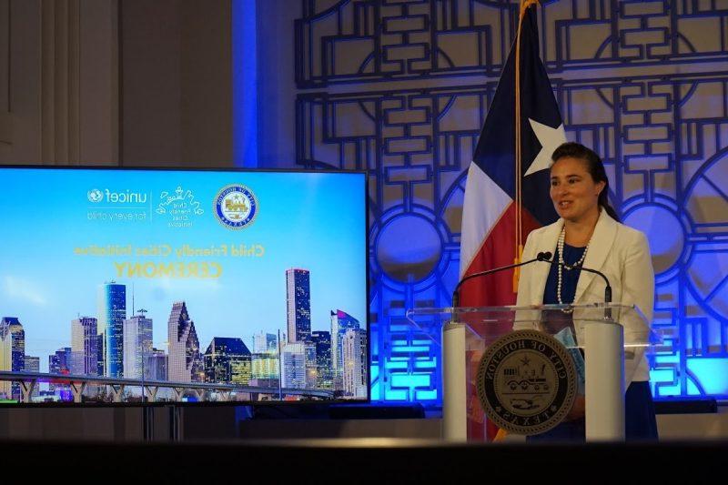 Olivera Jankovska speaking at UNICEF’s recognition of the City of Houston as the first U.S. child-friendly city ceremony in Houston, Texas. 