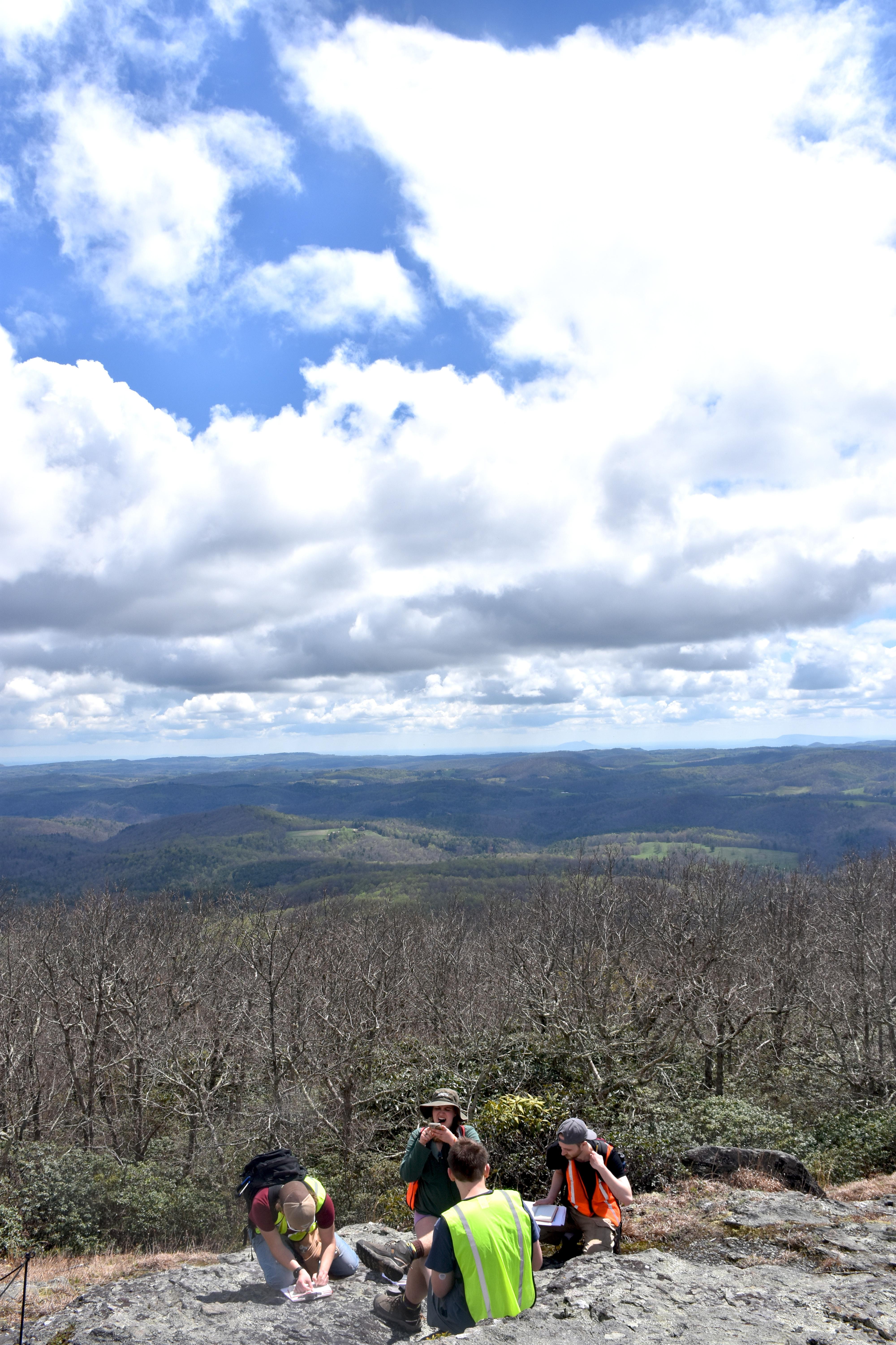 students on mountain top with notepads